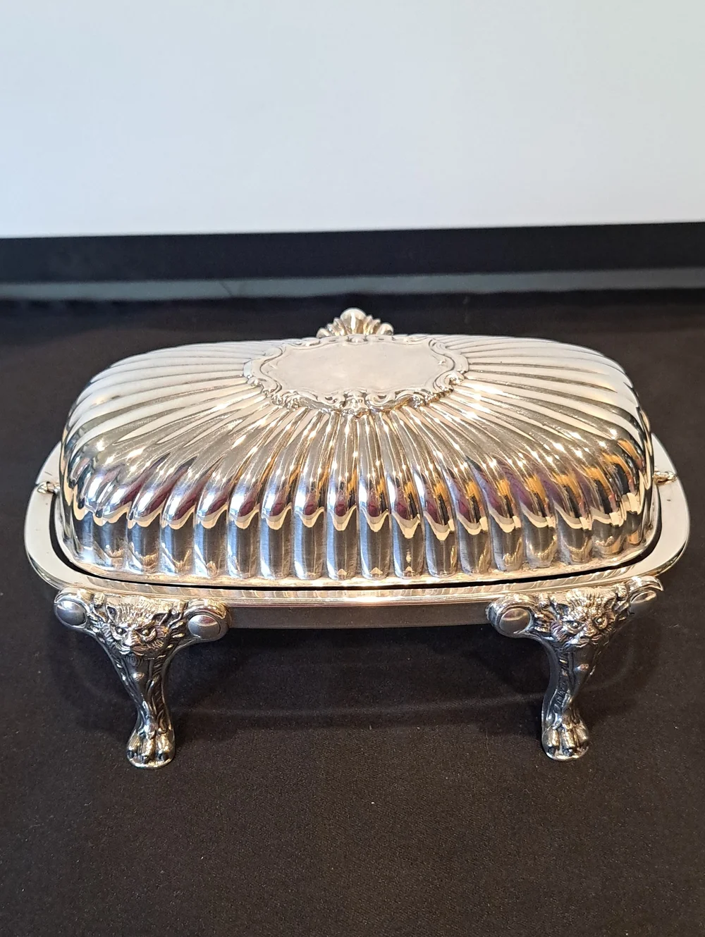 Vtg MCM Victorian Roll-Top Silver-Plated Butter Dis W/Glass Insert. VG Cond.